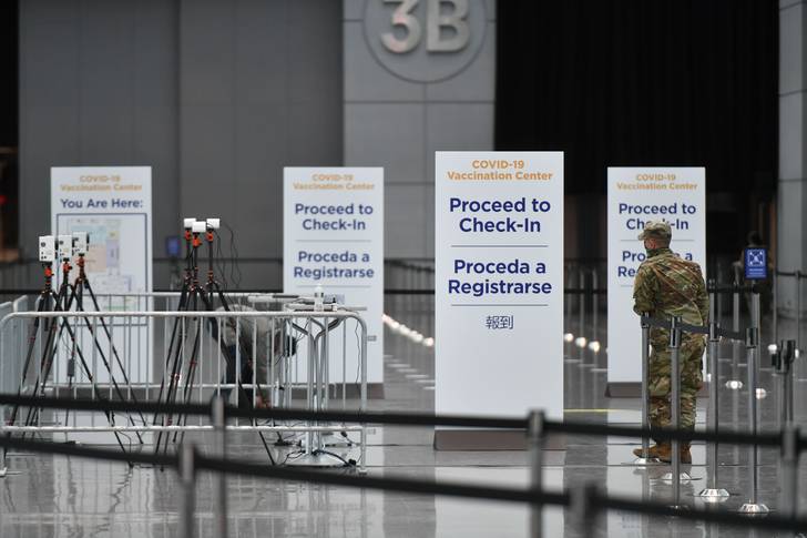 Members of the Army National Guard at the Covid-19 Vaccination Center at the Jacob K. Javits Convention Center on January 11, 2021.